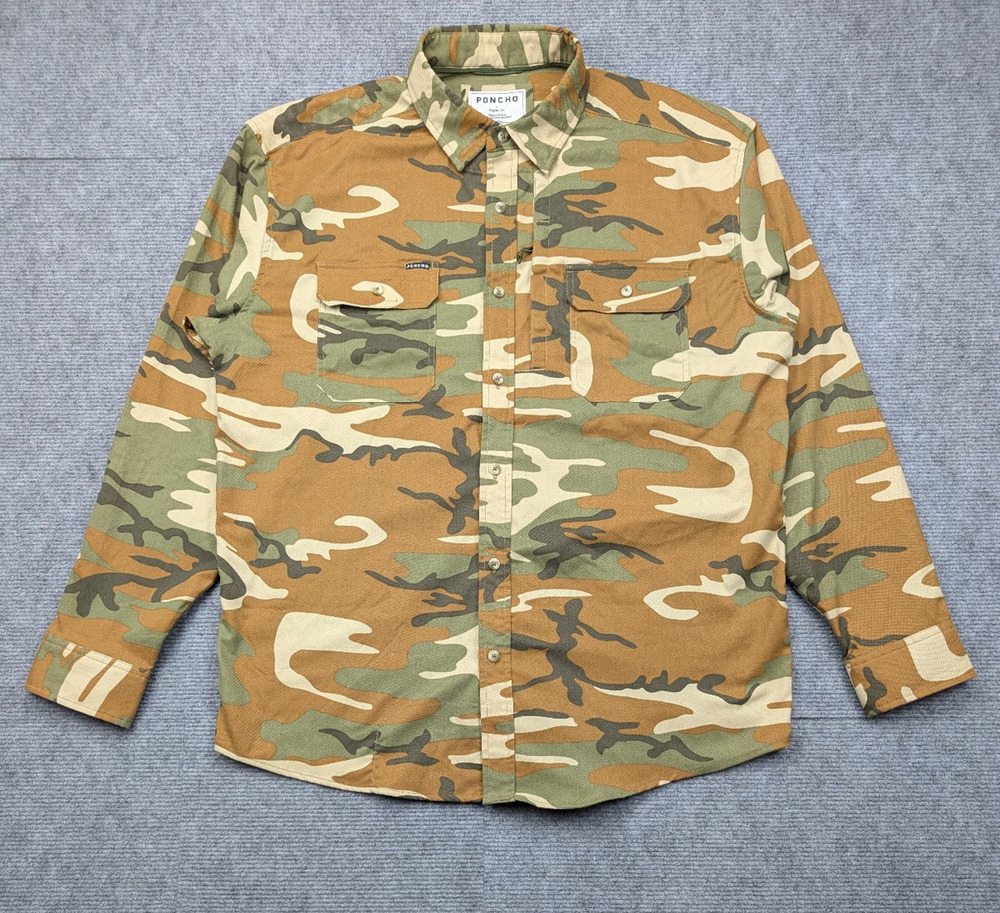 Poncho Button Up Shirt Mens Large Camo Magnetic Pocket Outdoor Layer Utility